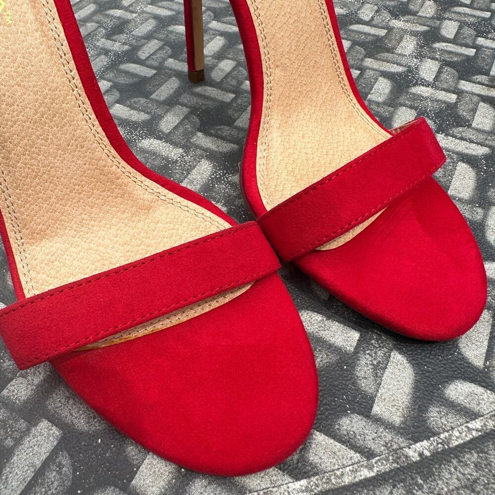 Liliana Red Open Toe Velvet Ankle Strap High Heel Sandal Pump Size 9 Stiletto - Picture 11 of 16